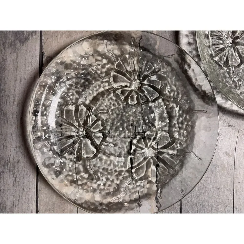 Set of 3 VINTAGE PRESSED GLASS SNACK PLATES ANCHOR HOCKING RAINFLOWER PATTERN!